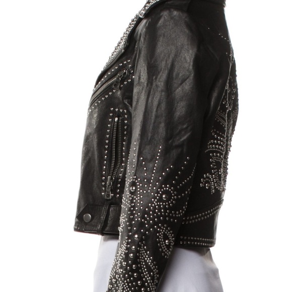 Alice and Olivia black silver studded leather motorcycle jacket - Picture 2 of 4